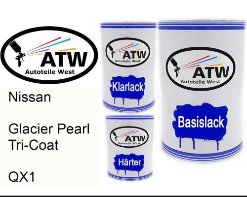 Nissan, Glacier Pearl Tricoat, QX1: 500ml Lackdose + 500ml Klarlack + 250ml Härter - Set, von ATW Autoteile West.